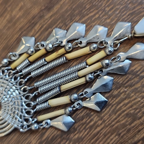 Peruvian Bamboo Tube Bead & Silver Tone Metal Work Jasper Stone Pendant Necklace - Picture 6 of 12